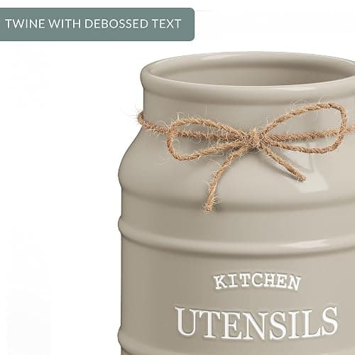 Barnyard Designs Ceramic Farmhouse Utensil Holder for Kitchen Counter, Large Rustic Utensil Crock, Countertop Cooking Tool Spatula Organizer, 6.75” (Taupe) thumbnail 9