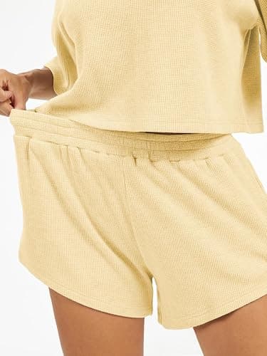 AnotherChill Women's Cropped Waffle Knit Lounge Set – Short Sleeve Henley Top and High Waisted Shorts 2 Piece Casual Outfit thumbnail 6