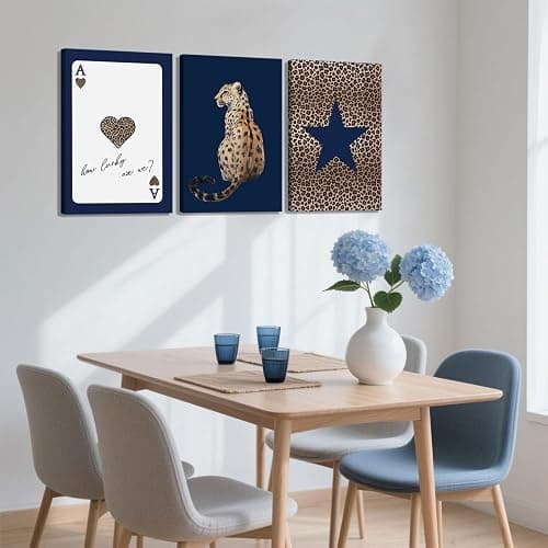 KLXCAJAM 3Pcs Navy Leopard Canvas Wall Art Cheetah Vintage Prints Wall Decor Navy Blue Star Painting Pictures Lucky Trendy Artwork for Gallery Preppy Luxury Home Decoration 12x16in thumbnail 5