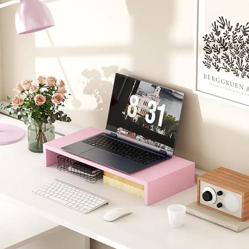 TEAMIX Pink Monitor Riser-20L inch, Wood Monitor Stand for Desk, Sturdy TV/Screen/PC/Printer/Laptop Riser,Computer Shelf with Storage TV Holder for Home Office (Pink, 20 inch) thumbnail 2