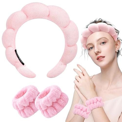 Zkptops Spa Headband for Washing Face Wristband Sponge Makeup Skincare Headband Terry Cloth Bubble Soft Get Ready Hairband for Women Girl Puffy Padded Headwear Non Slip Thick Hair Accessory(Pink) thumbnail 8