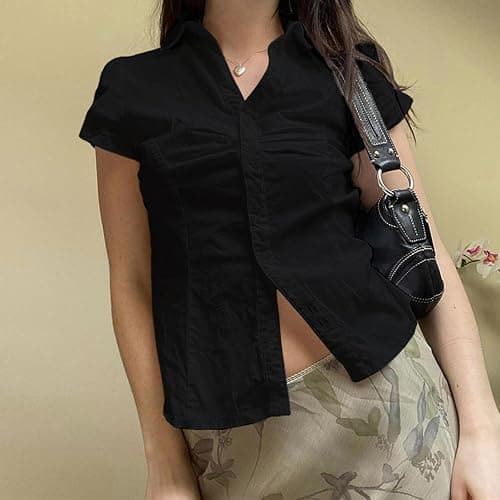 Women's Button Up Shirt Slim Fitted Cap Sleeve V Neck Top Y2k Coquette Button Down Shirt thumbnail 3