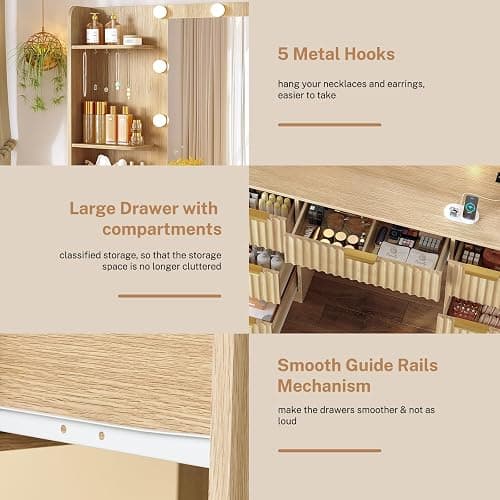 FIONESO Fluted Vanity Desk with Mirror and Adjustable LED Lights & Power Outlet, Makeup Vanity Desk with 7 Drawers,4 Shelves and 5 Hooks, Vanity for Girls, Natural Oak thumbnail 8