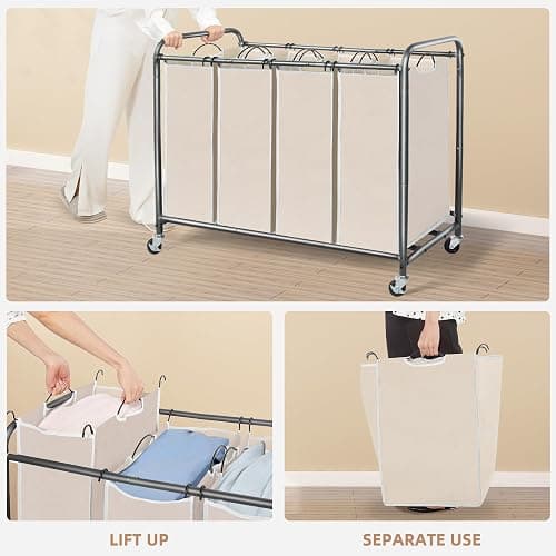 STORAGE MANIAC Laundry Sorter 4 Section, 47.8 Gal (181 L) Laundry Hamper with Wheels, Clothes Divider Basket Sorter, Clothes Separator Hamper Cart with Wheels and Removable Bags, Beige thumbnail 5