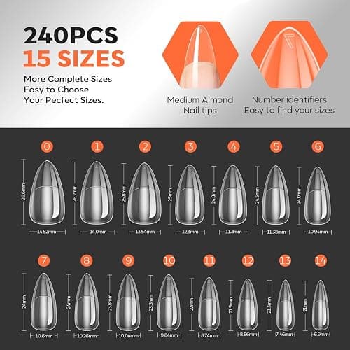 modelones Pro Luxe Instant Nail Apex Tips 15 Sizes, Medium Almond Extension Gel Tips Pre-building & Pre-etched Thicker Strength Acrylic Fake Nails Full Cover 240 Pcs thumbnail 7