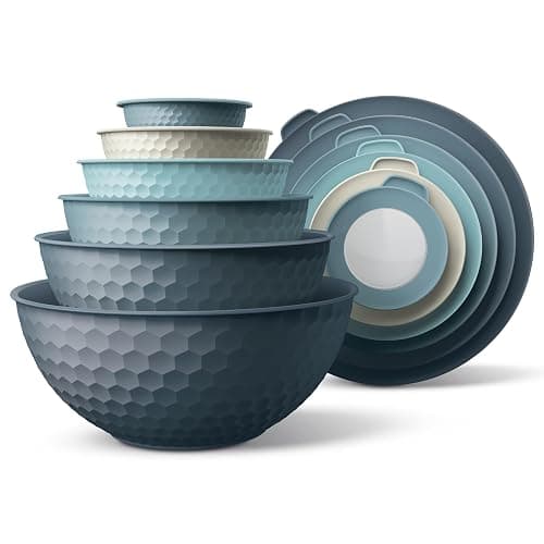 COOK WITH COLOR Mixing Bowls with Lids - 12 Piece Plastic Nesting Bowls Set includes 6 Prep Bowls and 6 Lids, Non Slip Bottom and Embossed Design - Microwave Safe (Blue) - Image 1