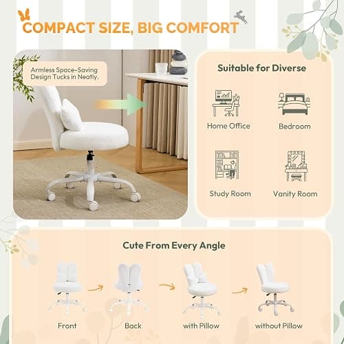 VINGLI Playful Rabbit Ear Swivel White Vanity Desk Chair with wheels&Bow Pillow,Cute Comfy Small Armless Adjustable Rolling Stool for Bedroom/Home Office,for Kids,Teens,Girls,Women,Adults,Teddy Fleece thumbnail 8