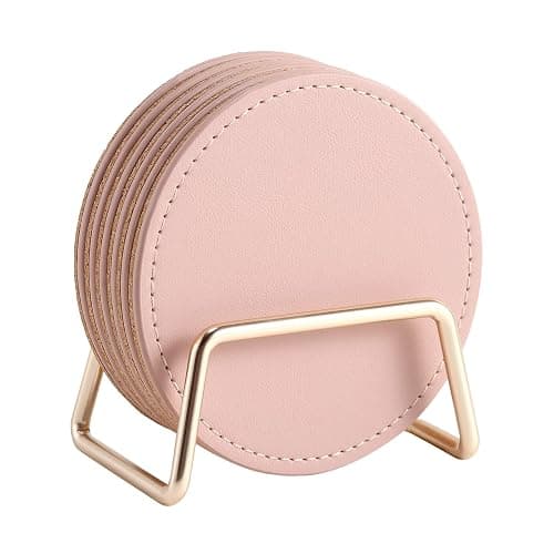 CASEGRACE Drink Coasters with Metal Holder Stand Set of 6, PU Leather Absorbent Coasters with Cork Base Table Coaster Set Decorative Coffee Cup Coasters Housewarming Gift for Home Decor - Image 1