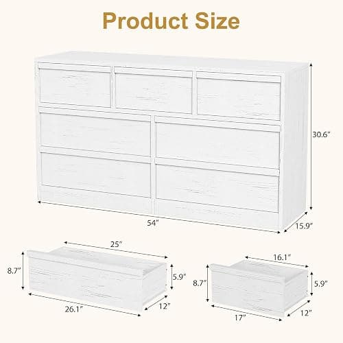 GarveeHome 7 Drawer Dresser for Bedroom, 54in Wide Antique White 7 Chest of Drawers with Large Storage, Wooden Dresser Organizer for Living Room, Nursery, Entryway thumbnail 2