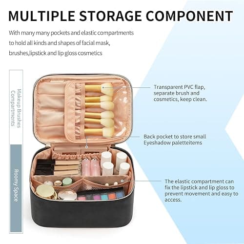 OCHEAL Makeup Bag, Portable Cosmetic Bag Black Make up Case Toiletry Bag | Large Capacity Travel Makeup Case Organizer for Women Toiletry Bag for Girls Traveling With Handle and Divider thumbnail 2