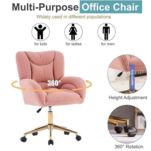 Anewome Swivel Office Desk Chair with Wheels Upholstered Sherpa Desk Modern Armchair Height Adjustable Computer Task Chair Boucle Makeup Vanity Desk with Gold Metal Frame, 38.2" H Pink thumbnail 5