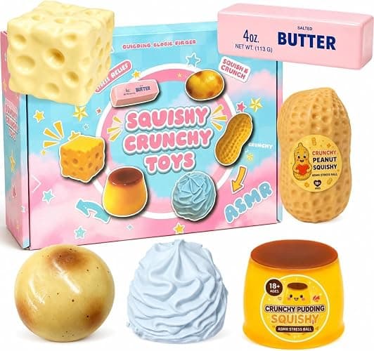 6 Pack Crunchy Squishy Squeeze Stress Squishies Ball Asmr Bead Filled | Butter Peanut Pudding Cream Cheese Potato Asmr Filled, Squeeze Stress Ball Rebound Calming Desk Decor Moldable Adults - Image 1