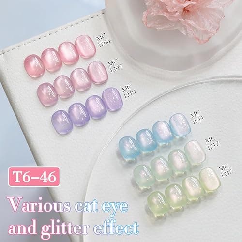 Double Rhythm Cat Eye Gel Nail Polish Set of 6 Same Color Same Bottle 0.5 Oz Shimmer Glitter with Magnet Holographic Reflective Magnetic UV Nail Polish Kit at Home (Rose Green Pink Purple-T6-46) thumbnail 4