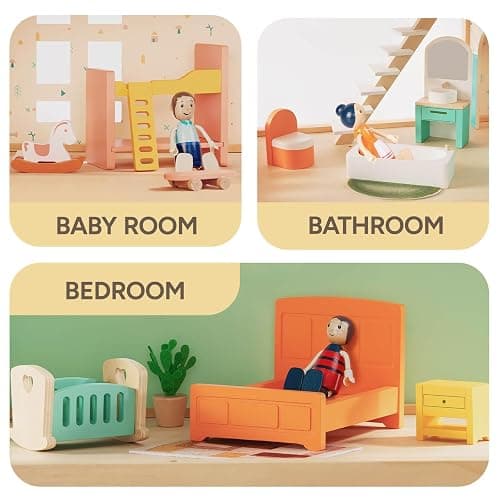 Giant bean 26 Pcs Large Wooden Dollhouse Furniture 5 Set for Kitchen, Living Room, Bedroom, Bathroom, Babyroom, Candy Dollhouse Accessories & Furniture Toy for Girls Boys Kids 3+ - Candy Dollhouse Furniture Set thumbnail 7
