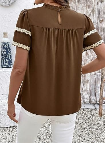 Dokotoo Womens Summer Smocked Tops Crewneck Short Ruffle Sleeve Blouses | Flowy Boho Clothes,Stylish Lace Trim,Summer Outfits,Striped,Casual Layered Sleeve,Babydoll Shirts,Texture,Back Keyhole thumbnail 3