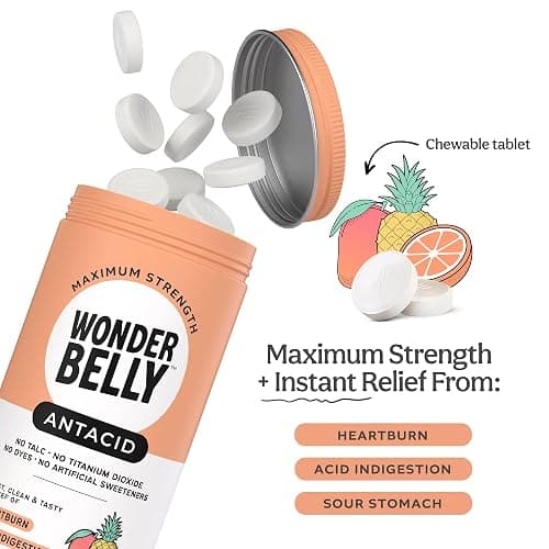 Wonderbelly Antacid, Effective Heartburn and Instant Acid Indigestion Relief, Extra Strength Chewable Tablets, 1000 mg Calcium Carbonate, No Talc or Dye, Tropical Fruit, 120 Count thumbnail 2