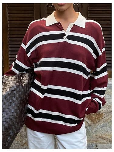 Milumia Women's Striped Button Collar Sweater Colorblock Long Sleeve Oversize Pullover thumbnail 4