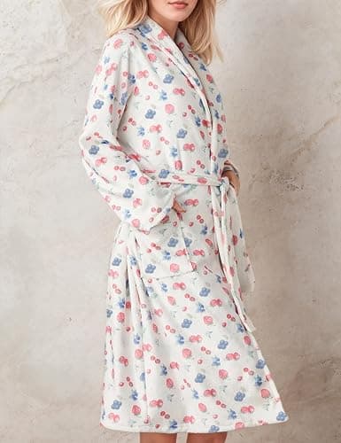 TIKITIDES Women Fleece Fruit Print Robe Cute Robes for Women Spring Summer Lightweight Bathrobe Soft Flannel Gown with Belt thumbnail 2