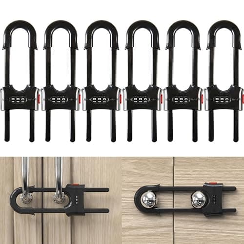 FIGEPO 6 Pack Child Proof U-Shaped Code Sliding Cabinet Door Locks Adjustable Baby Safety Plastic Cupboard Cabinet Latches Set for Knob Handle Drawers Closet Black thumbnail 8