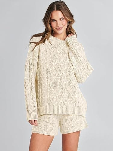 ANRABESS Women 2 Piece Outfits Sweater Lounge Loungewear Sets 2025 Winter Cable Knit Oversized Sweaters Shorts Matching Sets thumbnail 5