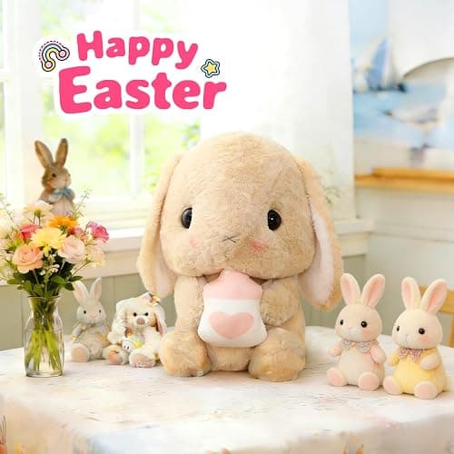 HOUPU Soft Toy - Sitting Lop Eared Rabbit, Easter White Rabbit Stuffed Bunny Animal with Carrot Soft Lovely Realistic Long-Eared Standing Pink Plush Toys (Brown-Milk Bottle,16.9in/43cm) thumbnail 5