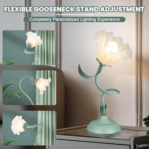 Flower Desk Lamp,LED Reading Light Bedside Vintage Flower Night Light,3 Colors Modes Cute Bedside Lamps Decor,Living Room Bedroom Room Kawaii Lighting Table Lamps Home Decoration (Green) thumbnail 3