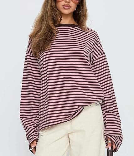 Foidiccx Striped Long Sleeve Shirt Women Y2k Oversized Crewneck Vintage Tops Fall Winter Drop Shoulder Cute Preppy Pullover thumbnail 2