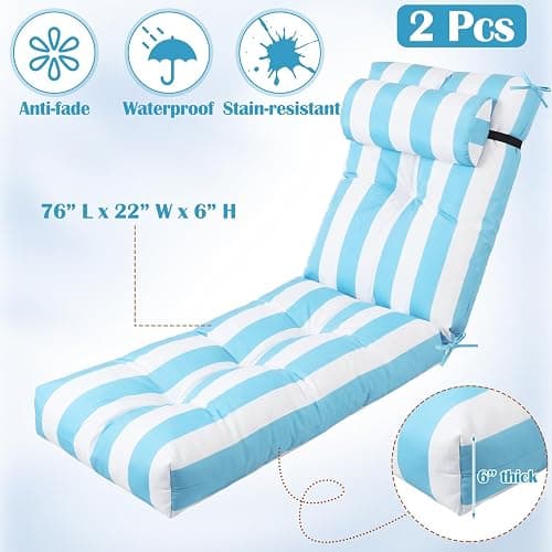 Wenqik Set of 2 Outdoor Chaise Lounge Cushions 76 x 22 x 6 Inch Waterproof Patio Furniture Chaise Cushion with Headrest Pillow Thick Tufted Lounge Pad for Lawn Pool Hotel(Sky Blue White Stripes) thumbnail 3