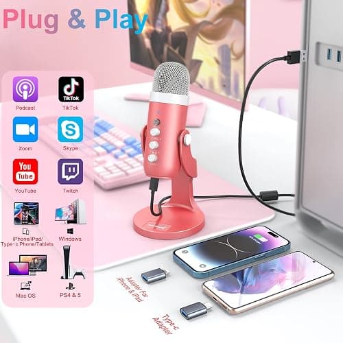 ZealSound Gaming USB Pink Microphone with Quick Mute for Phone Computer PC PS5,Studio Mic with Gain Control,Echo&Monitor Volume Adjust for Streaming Vocal Recording ASMR Podcast Video K66 thumbnail 2