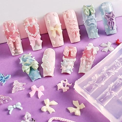 Laza 4pcs Bowknot Silicone Nail Art Molds, 3D Multiple Shapes Ribbon Lace Bows Charms Silicone Nail Accessories with Carving Pen Resin Nail Art Mold Manicure Tools for Women DIY Manicure Design thumbnail 4
