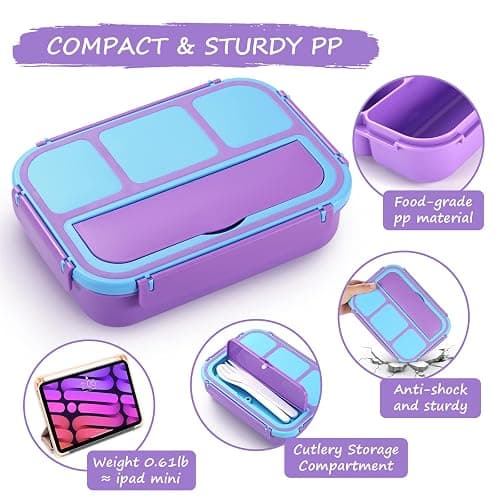 QQKO Bento Lunch Box for Kids Girls Boys, Toddler Kids Lunch Boxes for School, Lunch Containers for Adults with 4 Compartments, Sauce Container, Utensils, Food Picks and Muffin Cups, Purple thumbnail 4