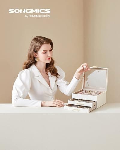 SONGMICS Jewelry Box Organizer, 3-Layer Storage with 2 Drawers, Glass Lid | Jewelry Organizer for Earrings, Modern Style, 8 x 9.1 x 5.3 Inches, Cloud White and Gold, GISELLA Collection UJBC239WT thumbnail 2