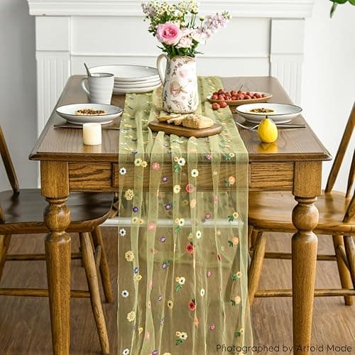Artoid Mode Green Embroidery Daisy Gauze Table Runner 120 Inch 10FT, Seasonal Sheer Kitchen Dining Holiday Wedding Birthday Table Decor for Home Party - 28" x 120" - Green thumbnail 3