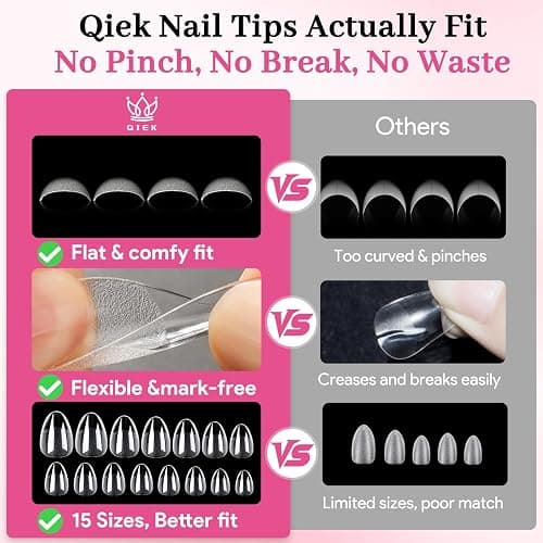 Qiek Extra Short Almond Fake Nail Tips, 15 Sizes 240 PCS Clear Half Matte Press On False Nail Tips Pre-shaped Full Cover Gel Nail Acrylic Soft Tip Extensions Thick Long Lasting for Home DIY Nail Salon thumbnail 5