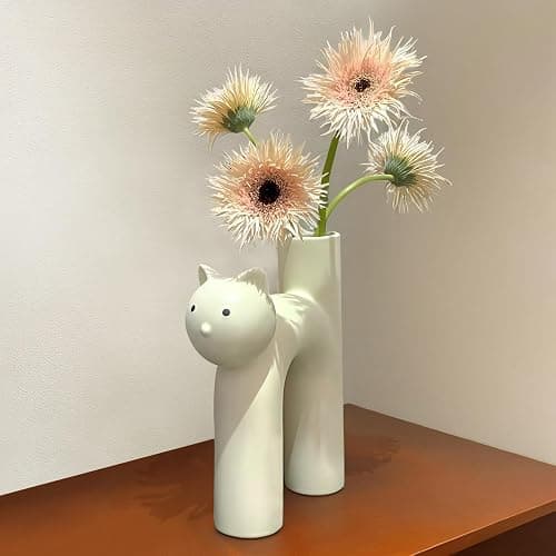 GeLive Cat Ceramic Vase Kitty Bud Vase Waterproof Flower Vase Plant Holder, Handmade Artistic Table Centerpieces Home Decor for Cat Lovers, Unique Gift Idea (Cream White) thumbnail 6