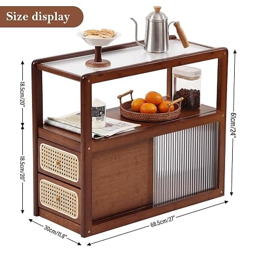 Tiita Rattan Nightstand Side Table, Bamboo Accent Bedside Tables, Glass Coffee Tables, Boho Wooden End Table with Storage for Small Space, Living Room and Bedroom thumbnail 2