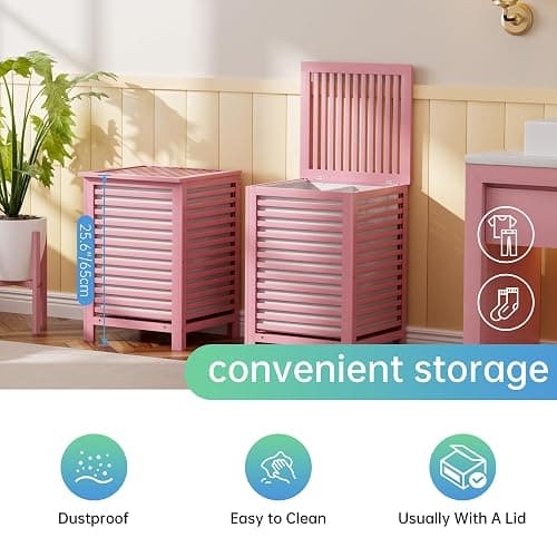 SMIBUY Double Laundry Hamper with Lid, 120L Bamboo Laundry Basket with Removable Liner Bag, 2-Section Clothes Divider Laundry Sorter for Laundry Room, Bathroom, Bedroom (Pink) thumbnail 6