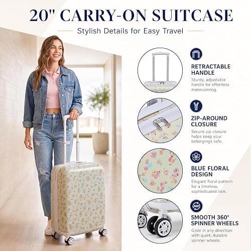 Redbaker 7 Pcs Floral Luggage Set for Women,Beige | 20" Carry Travel Suitcase Quilted Duffel Bag Makeup Bags Neck Cushion & Name Label thumbnail 3