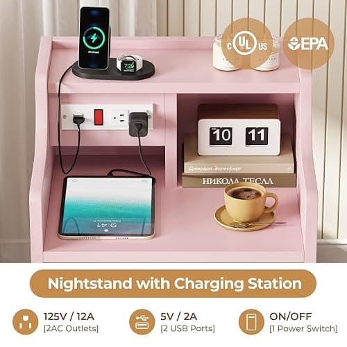 ADORNEVE Night Stand Set 2,Pink Nightstand with Charging Station & Hutch,Night Stands for Bedrooms Set of 2,Bedside Table with Drawers - 2PC - Pink thumbnail 4