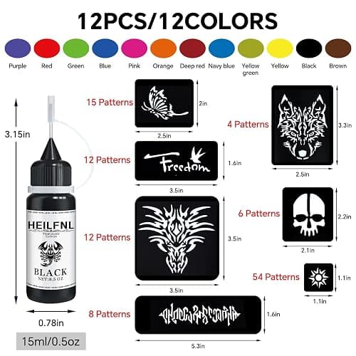 HEILFNL Temporary Tattoo Kit 12 Colors Temporary Tattoo Ink,111 Pcs Stencils Kit for Body Paint Fake Tattoos,DIY Art Painting Party for Women Man thumbnail 2