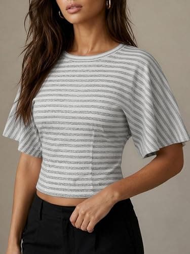 CHYRII Womens Summer Tops Lyocell Striped Batwing Short Sleeve T Shirts | Cinched Waist Slim Fitted Tee, 2026 Casual Y2K Clothes thumbnail 2