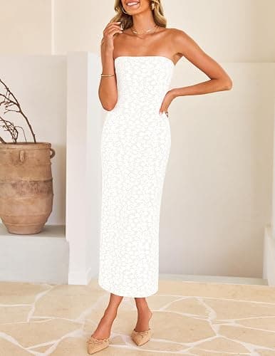 ZESICA Women's 2025 Summer Boho Floral Strapless Bodycon Midi Dress Off Shoulder Tube Beach Cocktail Party Long Dresses thumbnail 2