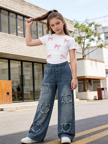 Voxikidio Size 7-14 Years Girls 2 Piece Outfits Bow Short-Sleeved Top and Jeans Pants Clothing Set thumbnail 5