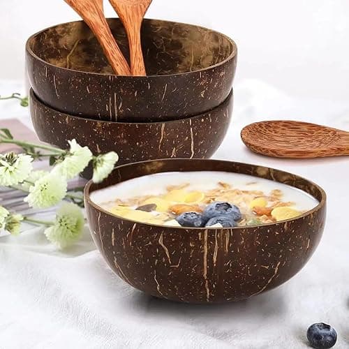 Natural Coconut Serving Bowls Set with Wooden Spoons, 13-15 cm, 4 Bowls and 4 Spoons, Perfect for Smoothies and Buddha Bowls. Hand-Crafted, Vegan-Friendly, Eco-Friendly thumbnail 8