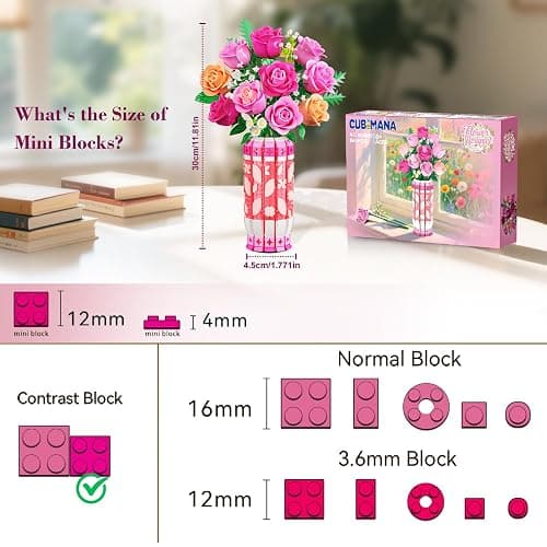 CUBIMANA Romantic Pink Roses Bouquet Building Set with Vase & LED Light, Easter Gifts for for Her/Women/Adults, 3.6MM Mini Flowers Building Toys, Artificial Flowers for Home Office Decor & Display thumbnail 5