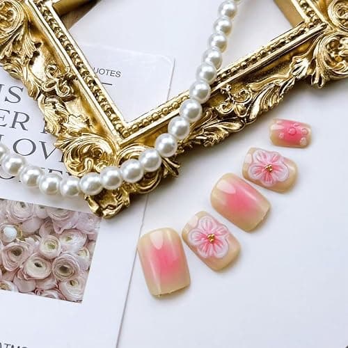 24pcs French Tip Press on Nails Short Square Fake Nails with 3D Flower Designs Pink Floral False Nail Kit Cute Flowers Artificial Acrylic Nails Kit Gradient Full Cover Glue on Nails for Women thumbnail 5