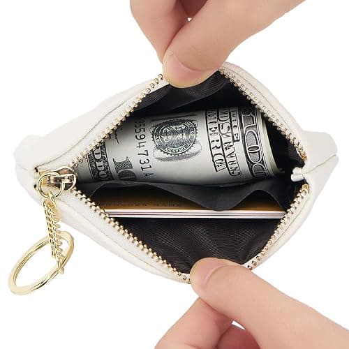 WOZEAH Artificial Leather Coin Purse Change Purse With Key Chain Ring Zipper For Men Women (A White) thumbnail 4