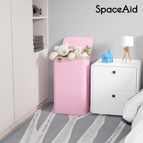 SpaceAid Laundry Hamper with Lid, 110L Large Tall Clothes Basket Bin with Bamboo Handles, Collapsible Laundry Hamper for Bedroom, Bathroom, Dorm, Laundry Room - Pink thumbnail 2