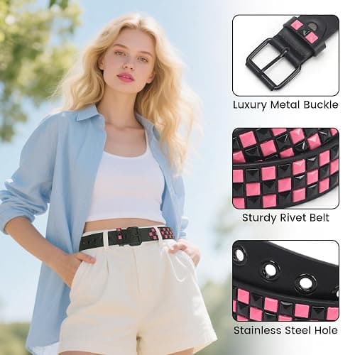 SNCEAW Studded Belt, Metal Punk Rock Rivet belt with Bright Pyramid Studded for Women Men thumbnail 3