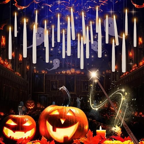 CAKETYCG 24 Pcs Halloween LED Magic Hanging Floating Candles, Taper Flickering Flameless with 2 Magic Wands - Candle Set for Halloween, Christmas, Weddings, Birthdays & Fantasy Ambiance... - Image 1